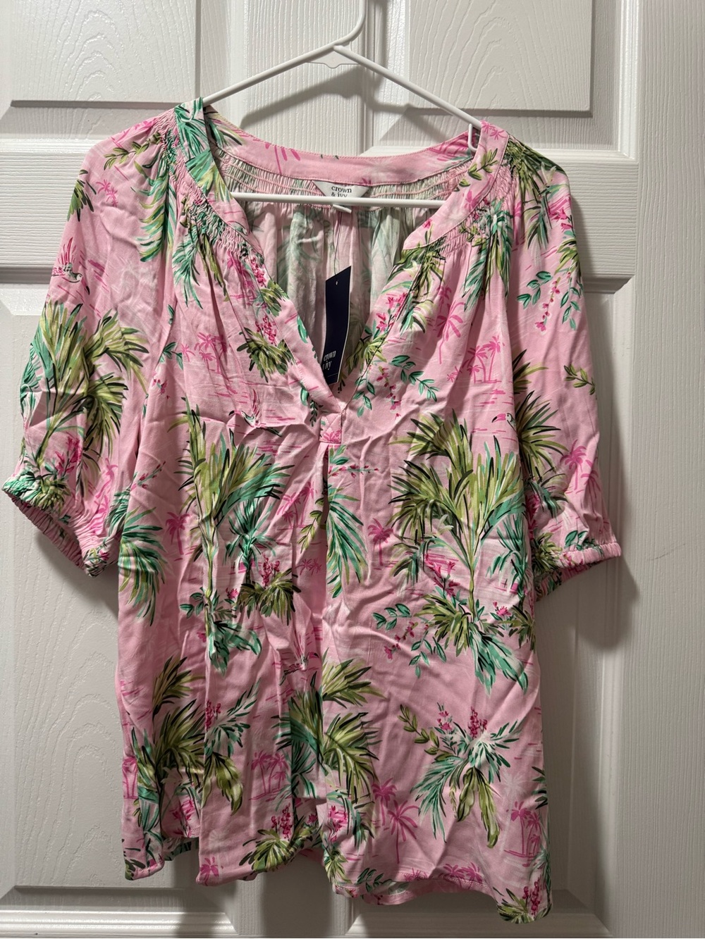Crown Pink Tropical V-Neck Blouse
